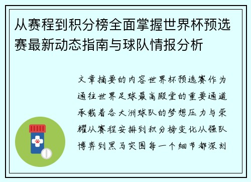 从赛程到积分榜全面掌握世界杯预选赛最新动态指南与球队情报分析 从赛程到积分榜全面掌握世界杯预选赛最新动态指南与球队情报分析